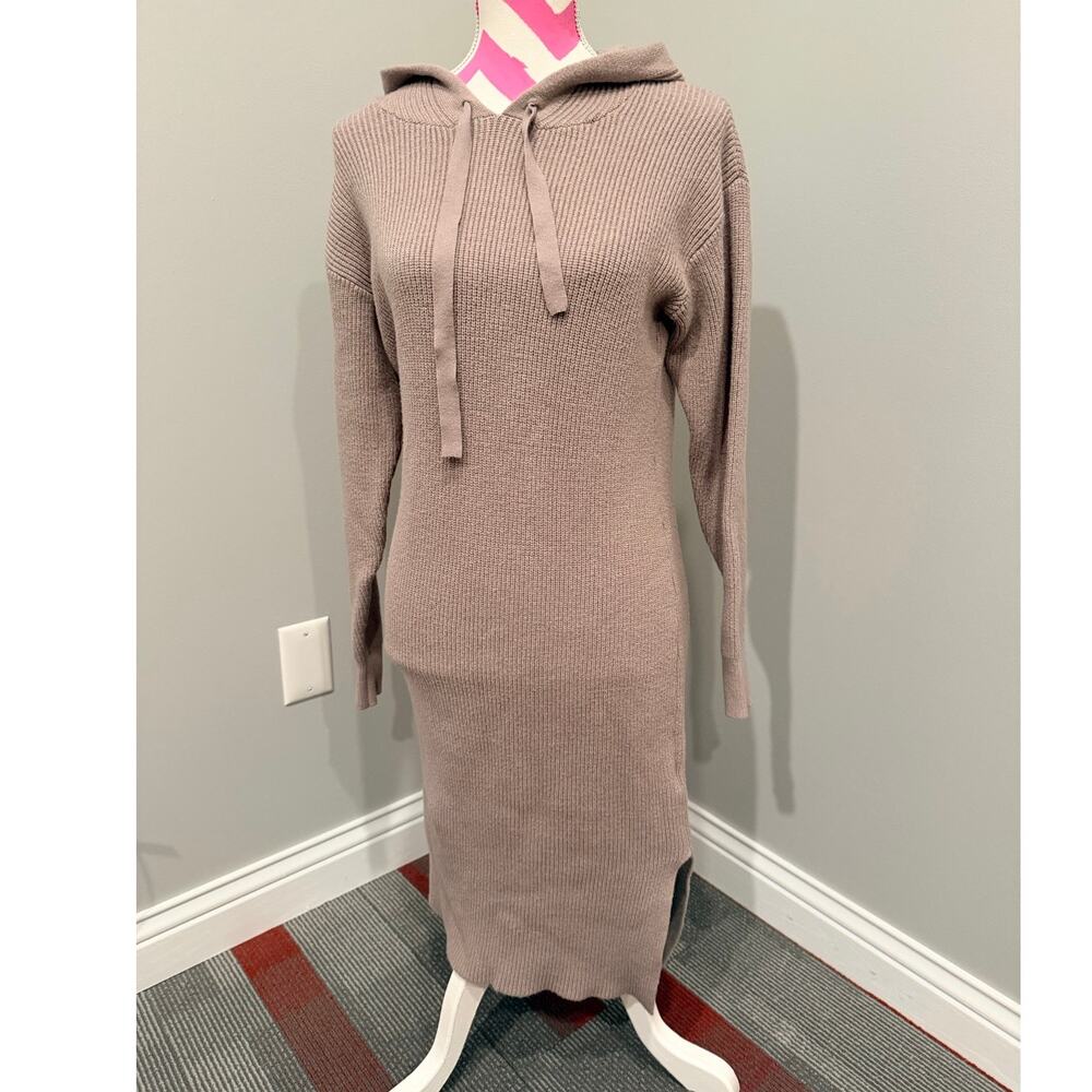 The Drop Claudia Cuddle Hoodie Midi Slit Sweater Dress Taupe Mauve Size S